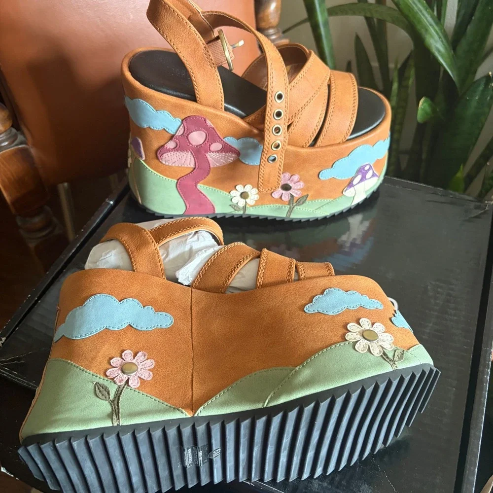 Dolls Kill Sugar Thrillz Magic Meadowland Mushroom Platform Sandals Tan